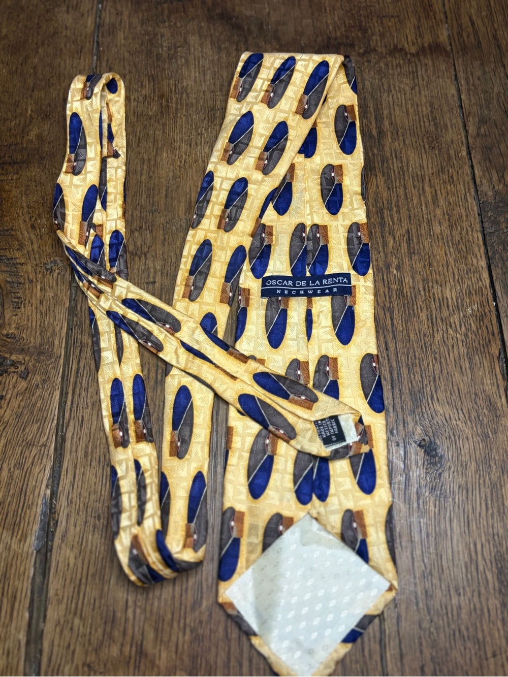 Vintage 90s Oscar de la Renta Silk Tie Gold Blue Geometric Avant Garde Abstract